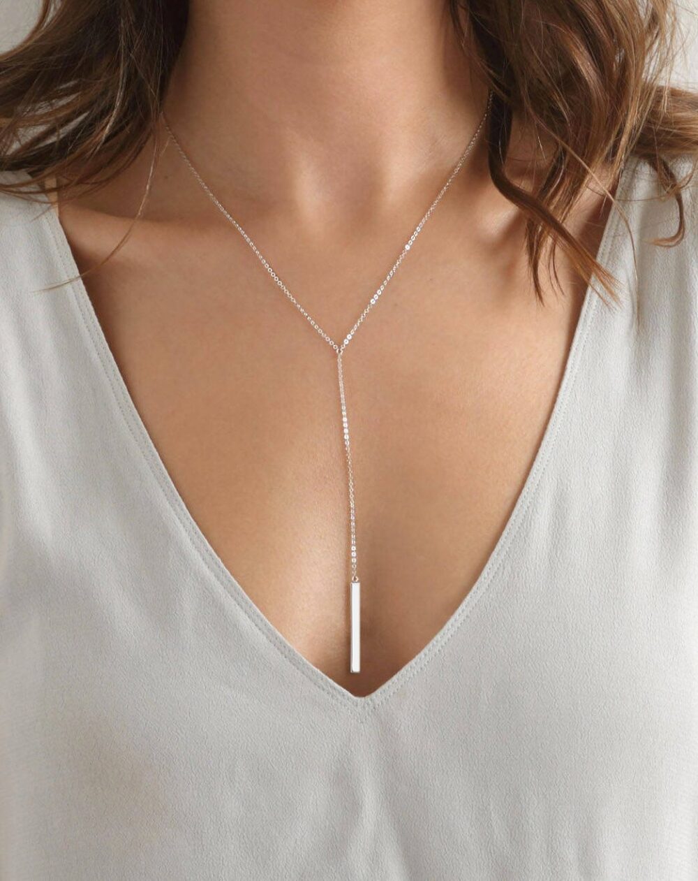 Metzakka Sterling Silver Lariat Necklace, Chic Minimalist Drop Bar Y Chain Necklace for Women - Image 2