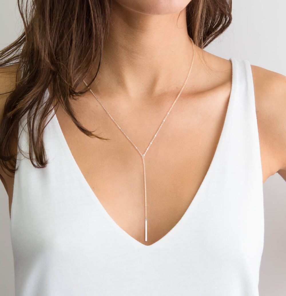 Metzakka Sterling Silver Lariat Necklace, Chic Minimalist Drop Bar Y Chain Necklace for Women - Image 3