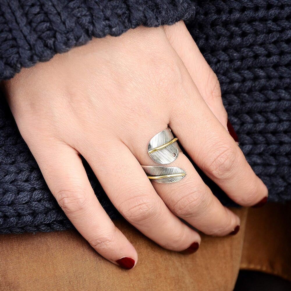 Boho-Magic 925 Sterling Silver and Brass Leaf Adjustable Ring for Women, Cool Plain Simple Open Wrap Feather Ring Size 7-10 - Image 9