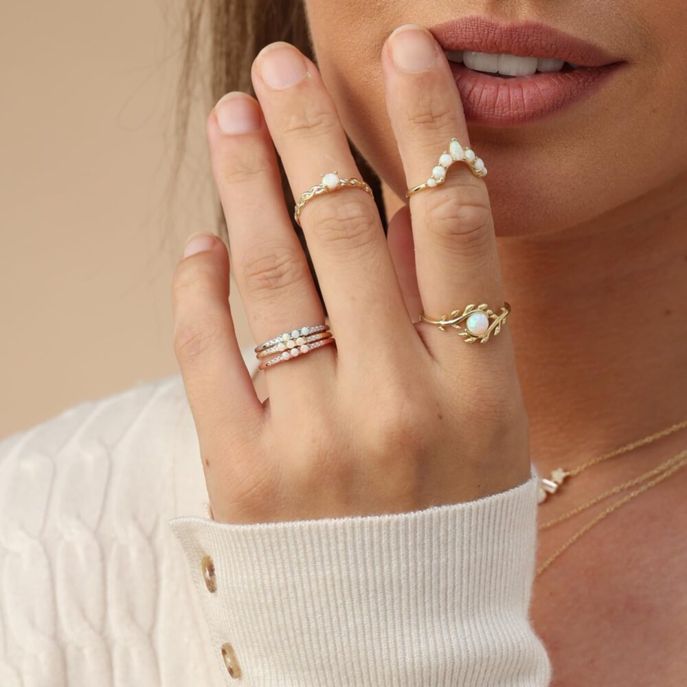 AFFY Dainty Stackable Opal Promise Ring Band in 14K Gold Over Sterling Silver, Mother's Day Jewelry Gift For Her - Image 4