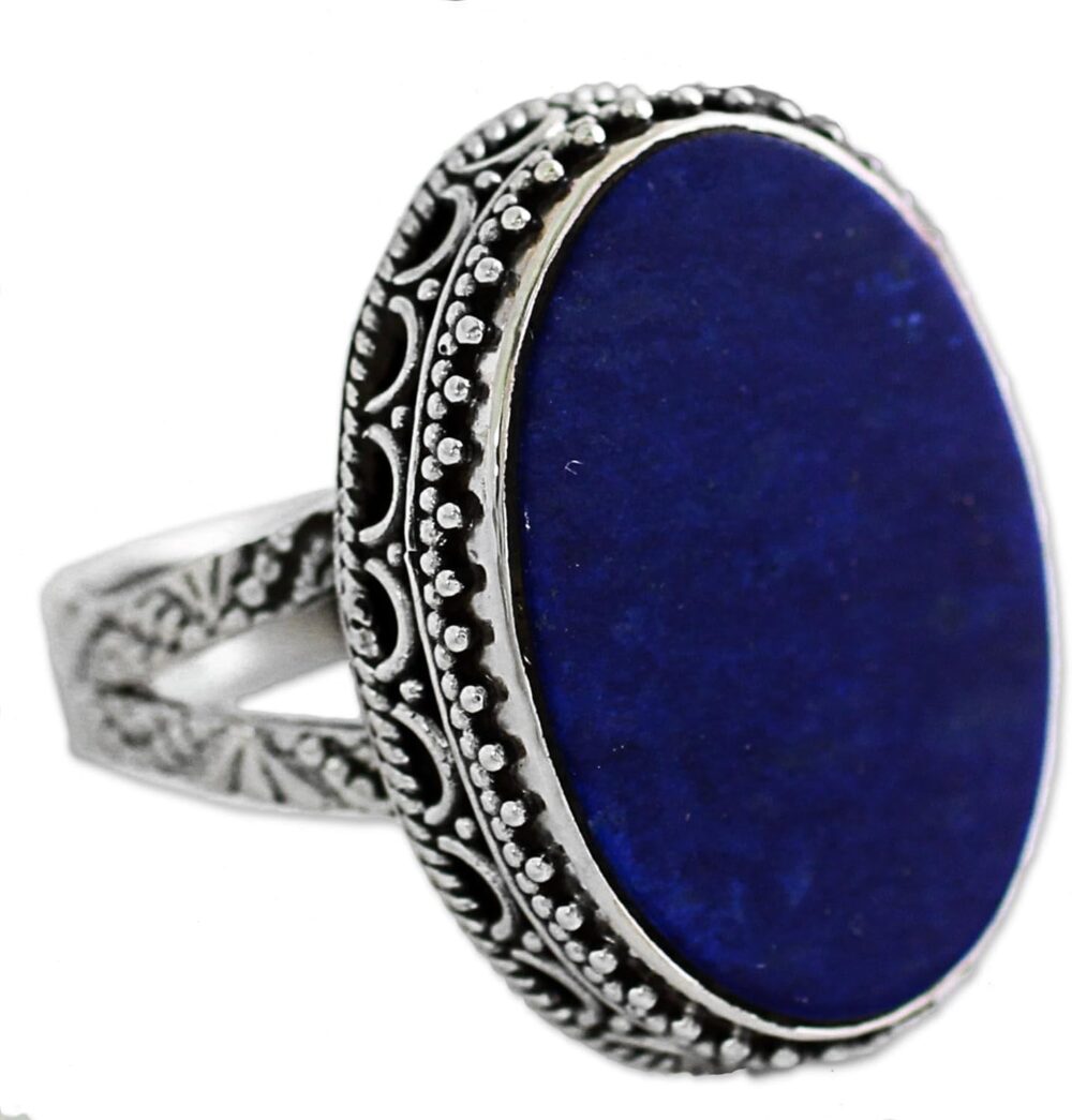 NOVICA Artisan Handmade Lapis Lazuli Cocktail Ring Blue Oval India .925 Sterling Silver Riverside Birthstone 'Pool of Memories'