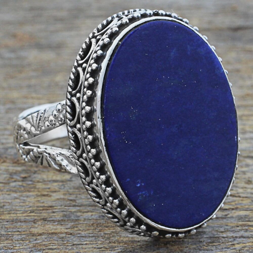 NOVICA Artisan Handmade Lapis Lazuli Cocktail Ring Blue Oval India .925 Sterling Silver Riverside Birthstone 'Pool of Memories' - Image 6