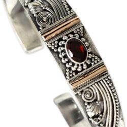 NOVICA Artisan Handmade Garnet Bracelet Gold Accent Sterling Silver Cuff Red Indonesia Birthstone Balinese Traditional [6 in L (end to End) x 0.5 in W] ' Paradise'
