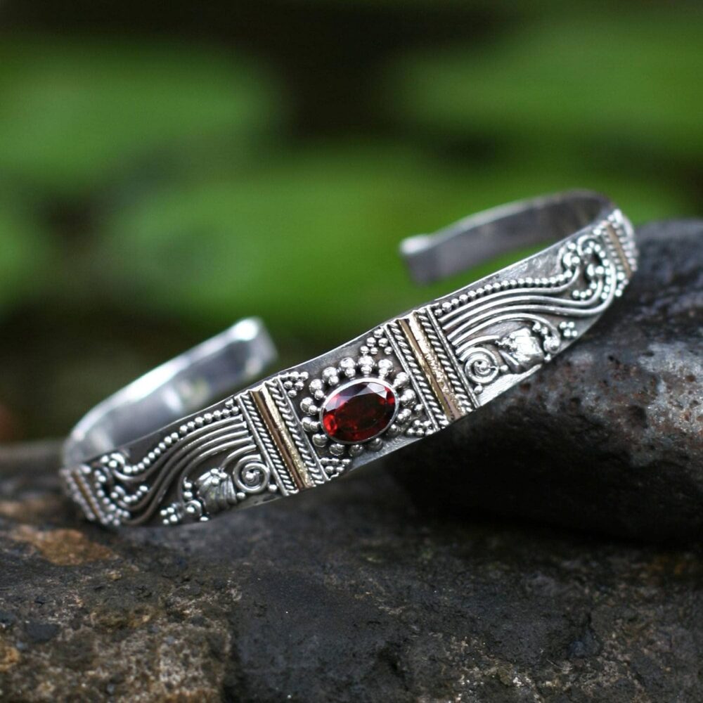 NOVICA Artisan Handmade Garnet Bracelet Gold Accent Sterling Silver Cuff Red Indonesia Birthstone Balinese Traditional [6 in L (end to End) x 0.5 in W] ' Paradise' - Image 3