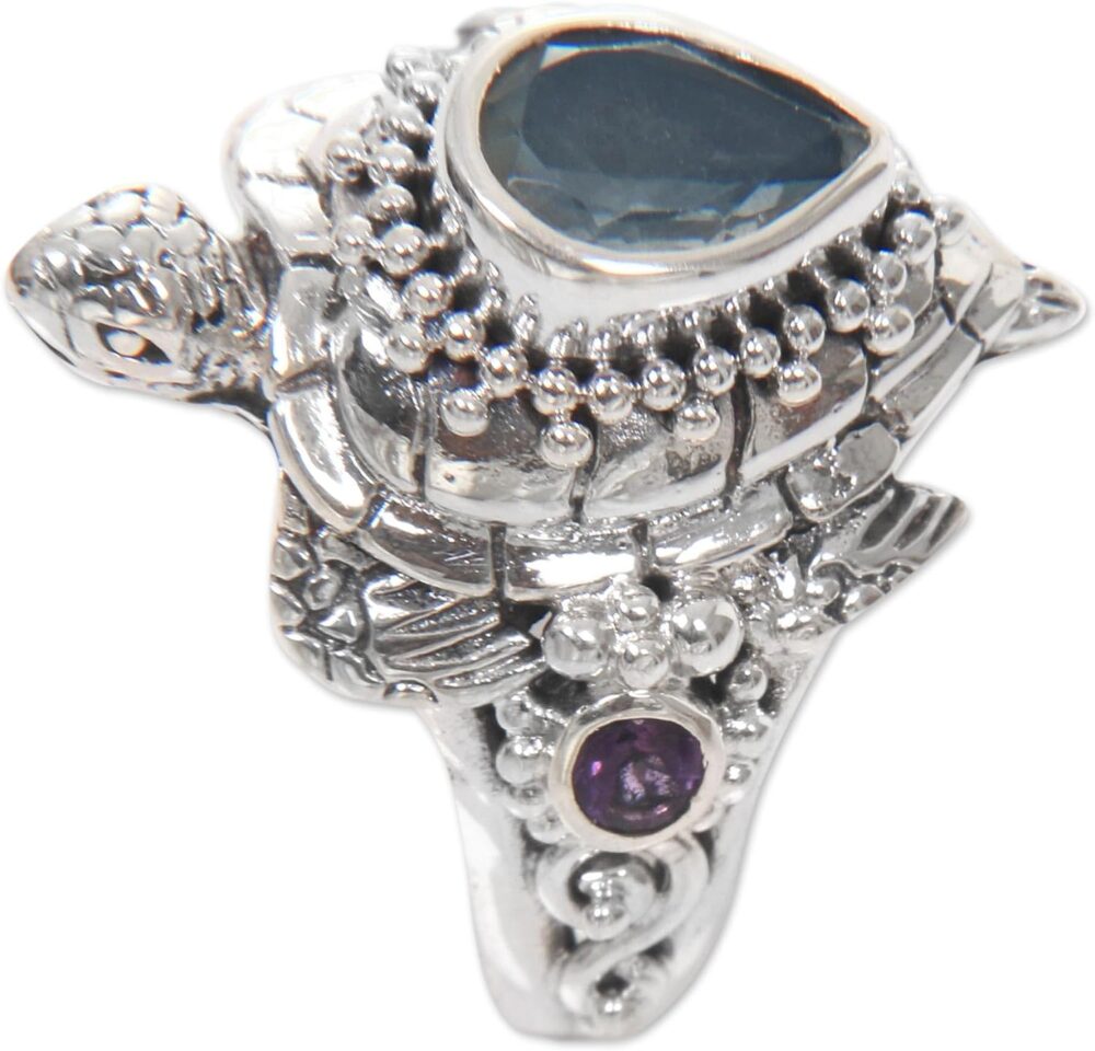 NOVICA Artisan Handmade Multi Gemstone Cocktail Ring Turtle Theme from Bali .925 Sterling Silver Citrine Blue Topaz Amethyst Multigem Multicolor Domed Indonesia 'Sea Turtle Enchantment' - Image 2