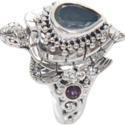 NOVICA Artisan Handmade Multi Gemstone Cocktail Ring Turtle Theme from Bali .925 Sterling Silver Citrine Blue Topaz Amethyst Multigem Multicolor Domed Indonesia 'Sea Turtle Enchantment' - Image 2