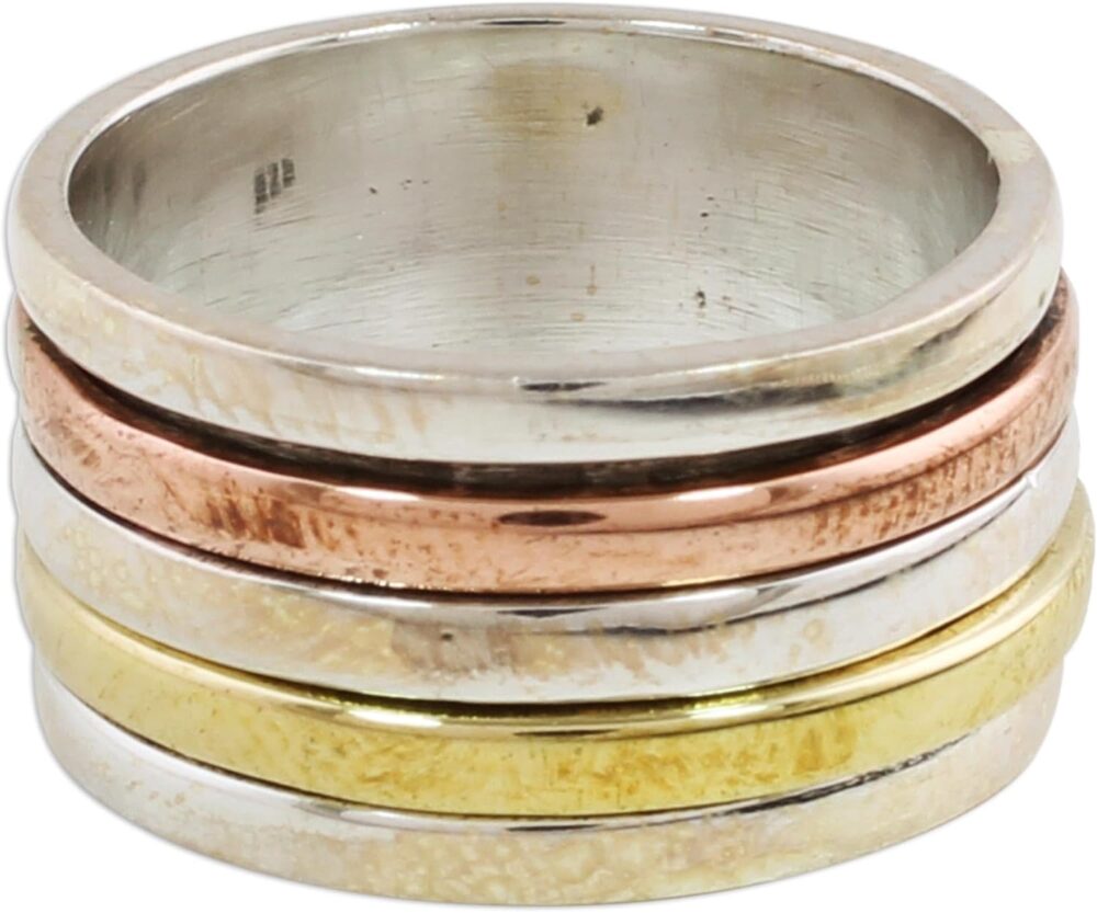 NOVICA Artisan Handmade .925 Sterling Silver Meditation Spinner Ring Simple Copper Brass Indian Modern 'Sleek Simplicity'