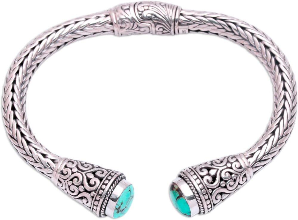 NOVICA Artisan Handmade Turquoise Cuff Bracelet Sterling Silver from Bali Natural Blue Tone Indonesia Birthstone Balinese Traditional [bracelet 6 in L (end to End) x 0.4 in W] ' Dragon Beauty'