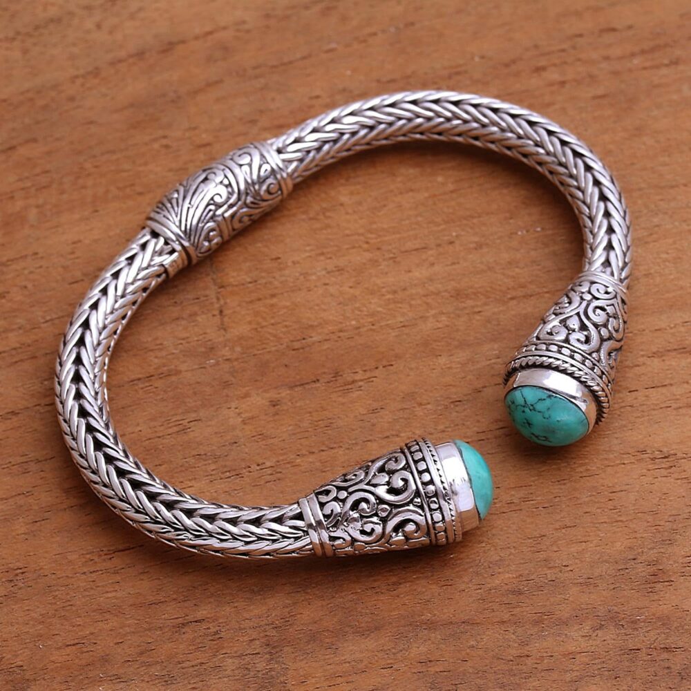 NOVICA Artisan Handmade Turquoise Cuff Bracelet Sterling Silver from Bali Natural Blue Tone Indonesia Birthstone Balinese Traditional [bracelet 6 in L (end to End) x 0.4 in W] ' Dragon Beauty' - Image 2