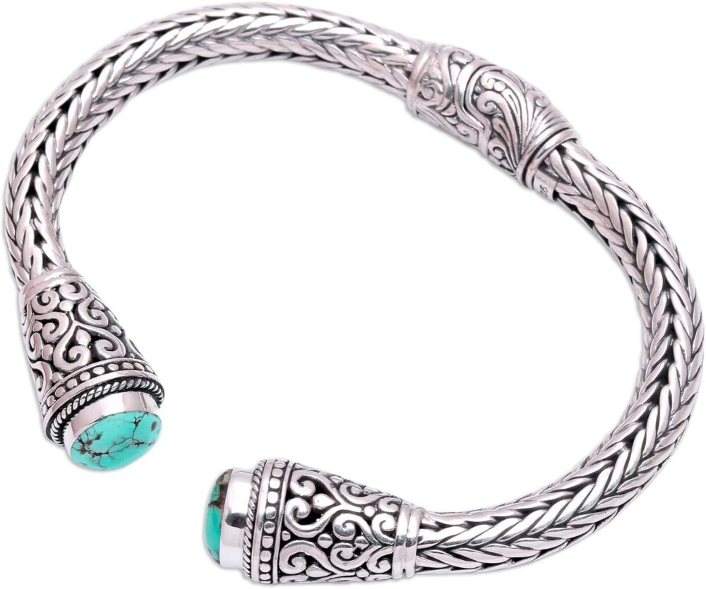 NOVICA Artisan Handmade Turquoise Cuff Bracelet Sterling Silver from Bali Natural Blue Tone Indonesia Birthstone Balinese Traditional [bracelet 6 in L (end to End) x 0.4 in W] ' Dragon Beauty' - Image 5