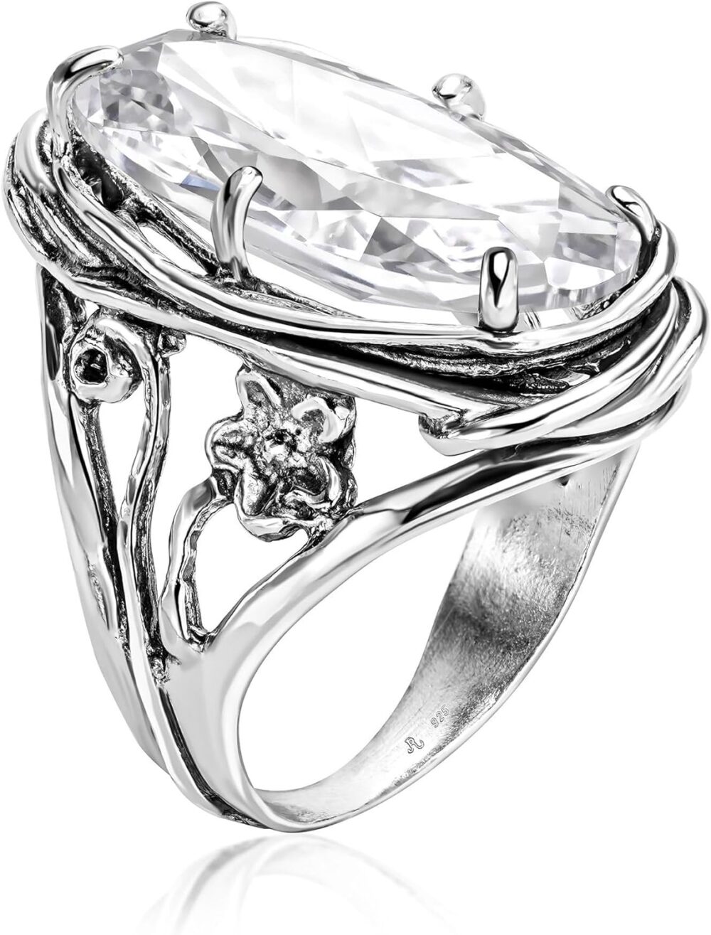 925 Sterling Silver Statement Ring With A White Oval Shaped Cubic Zirconia CZ Floral Vintage Antique Look Hypoallergenic, Nickel and Lead-free, Artisan Handcrafted Designer collection