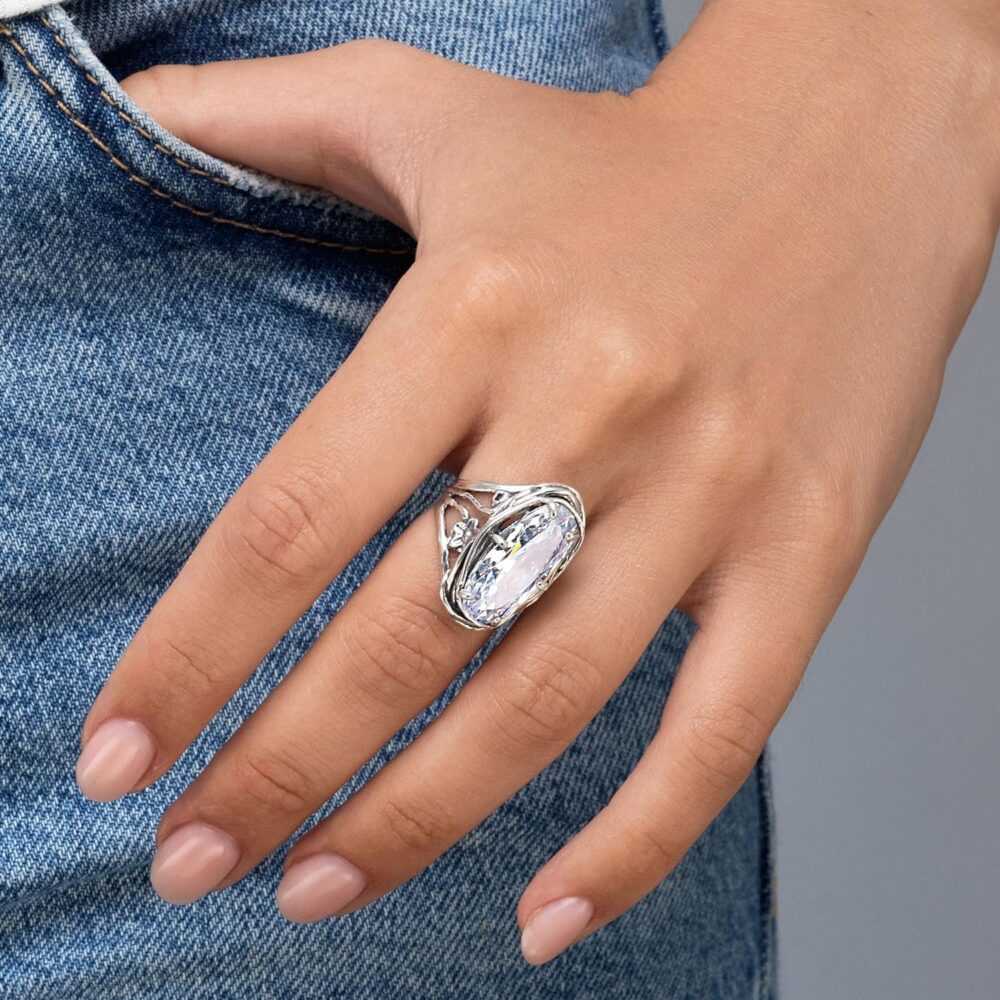 925 Sterling Silver Statement Ring With A White Oval Shaped Cubic Zirconia CZ Floral Vintage Antique Look Hypoallergenic, Nickel and Lead-free, Artisan Handcrafted Designer collection - Image 2