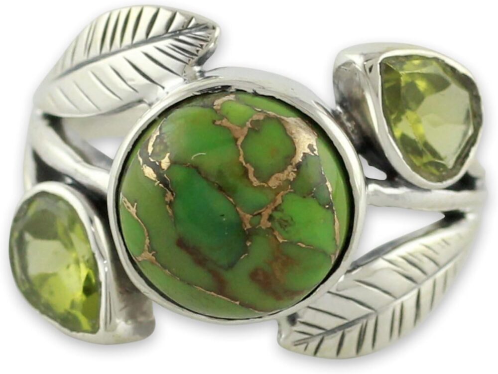 NOVICA Artisan Handmade Peridot Cocktail Ring with Composite Turquoise .925 Sterling Silver Reconstituted Green India Birthstone 'Green Ivy'