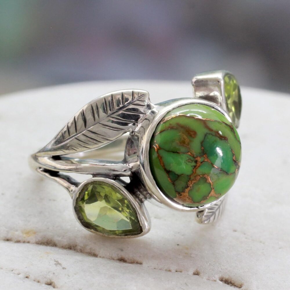 NOVICA Artisan Handmade Peridot Cocktail Ring with Composite Turquoise .925 Sterling Silver Reconstituted Green India Birthstone 'Green Ivy' - Image 2