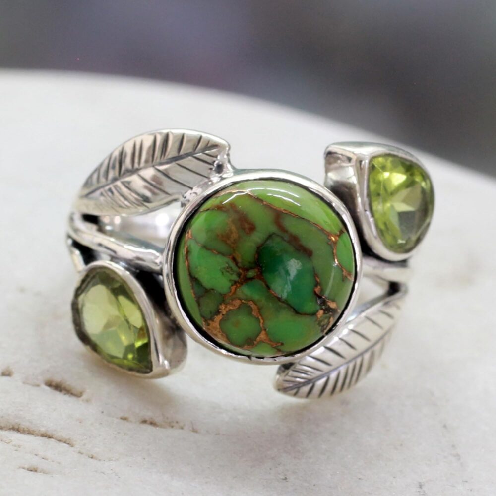 NOVICA Artisan Handmade Peridot Cocktail Ring with Composite Turquoise .925 Sterling Silver Reconstituted Green India Birthstone 'Green Ivy' - Image 3