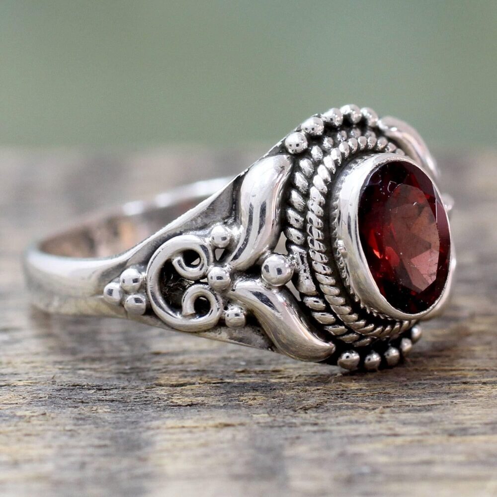 NOVICA Artisan Handmade Garnet Cocktail Ring Traditional Style Silver India Sterling Red Single Stone Marsala Fiesta Aurora 'Traditional Romantic' - Image 4