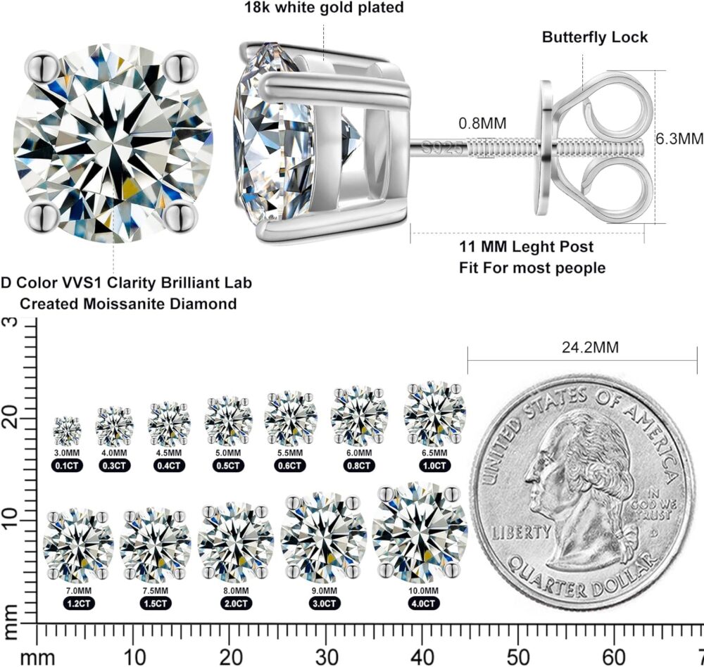 Moissanite Stud Earrings Screw Back 3-10mm 0.2ct-8.0ct 18K White Yellow Rose Gold Plated S925 Sterling Silver Round Cut D Color VVS1 Clarity Lab Created Moissanite Diamond Hypoallergenic Earrings for Women Girls Men - Image 4