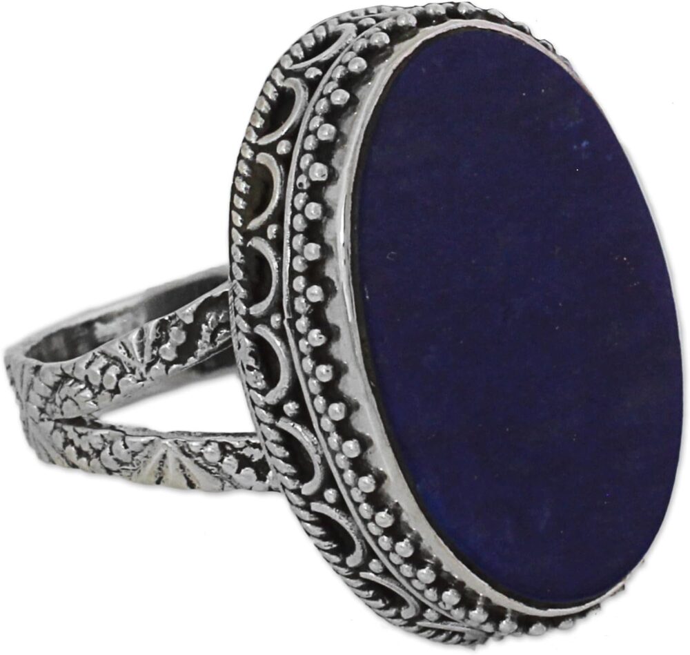 NOVICA Artisan Handmade Lapis Lazuli Cocktail Ring Blue Oval India .925 Sterling Silver Riverside Birthstone 'Pool of Memories' - Image 5