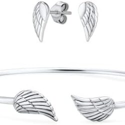 Delicate Spiritual Guardian Angel Wing Feather Stud Earrings Cartilage Ear Lobe And Bangle Cuff Bracelet For Women Teen .925 Sterling Silver