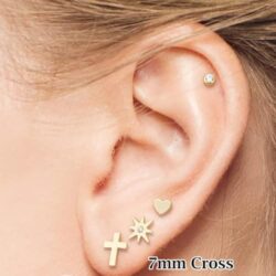 14k Solid Gold Small Polished Flat Plain Mini Cross Stud Earrings - Image 3