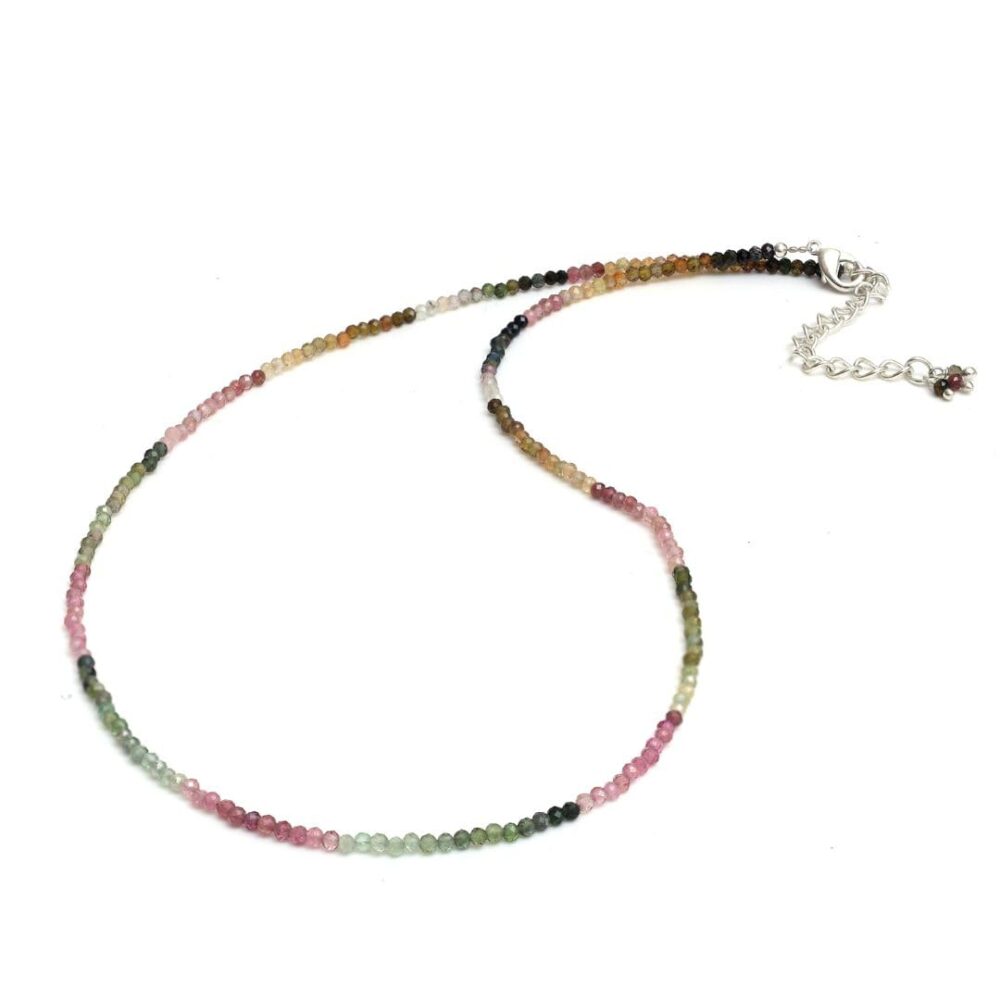 Gempires Mother's Day Gift Watermelon Tourmaline Beaded Choker Necklace for Women, Tourmaline Necklace, Crystal Choker Necklace, Silver Plated Chain, Gemstone Jewelry 18 inch