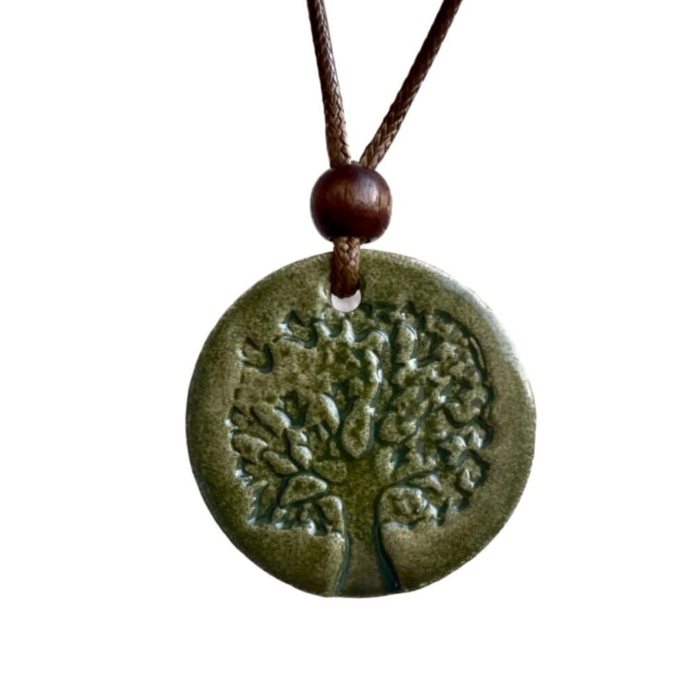 Tree of Life - Green Handmade Ceramic Pendant Necklace, Adjustable Cord, for Unisex, Women, Men, Bohemian, Rustic, Vintage Style Jewelry