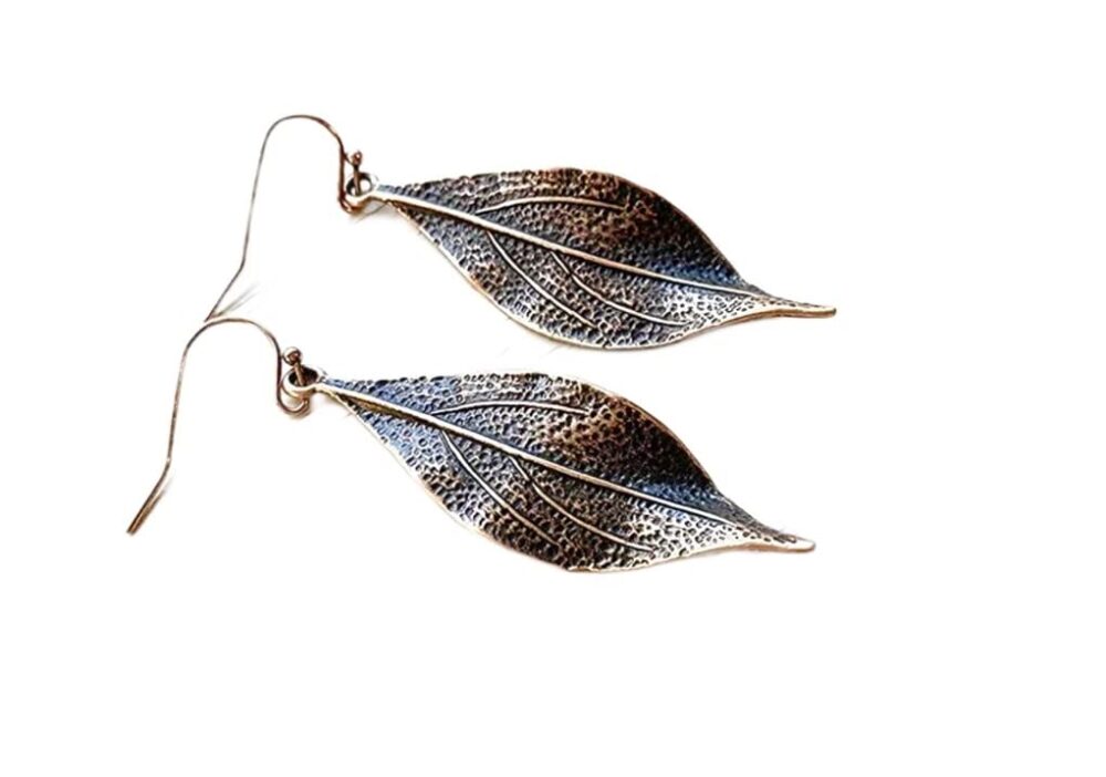 Wavy Leaf Copper Dangle Earrings Bohemian Boho - Image 4