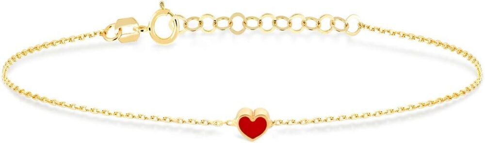 14k Solid Gold Heart Bracelet | 14k Yellow Gold Mini Heart Chain Bracelets for Women | Red, Navy Blue with Diamond Bracelet | Women's 14k Gold Jewelry | Gift for Christmas, Adjustable 6" to 7"