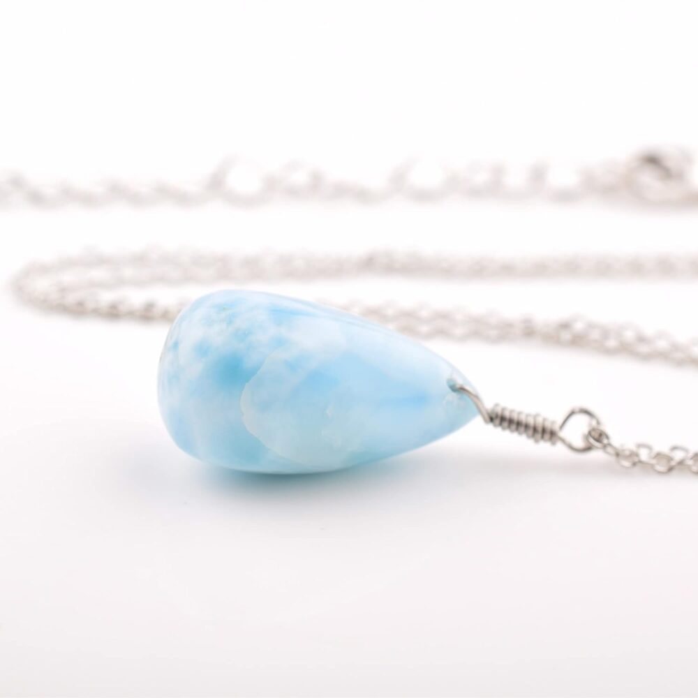 Natural Larimar Necklace Pendant Rhodium Plated 925 Sterling Silver, Teardrop Gemstone Necklace, Artisan Pendant, Silver Jewelry, Silver Wire, Dainty Pendant, Gift Her - Image 4