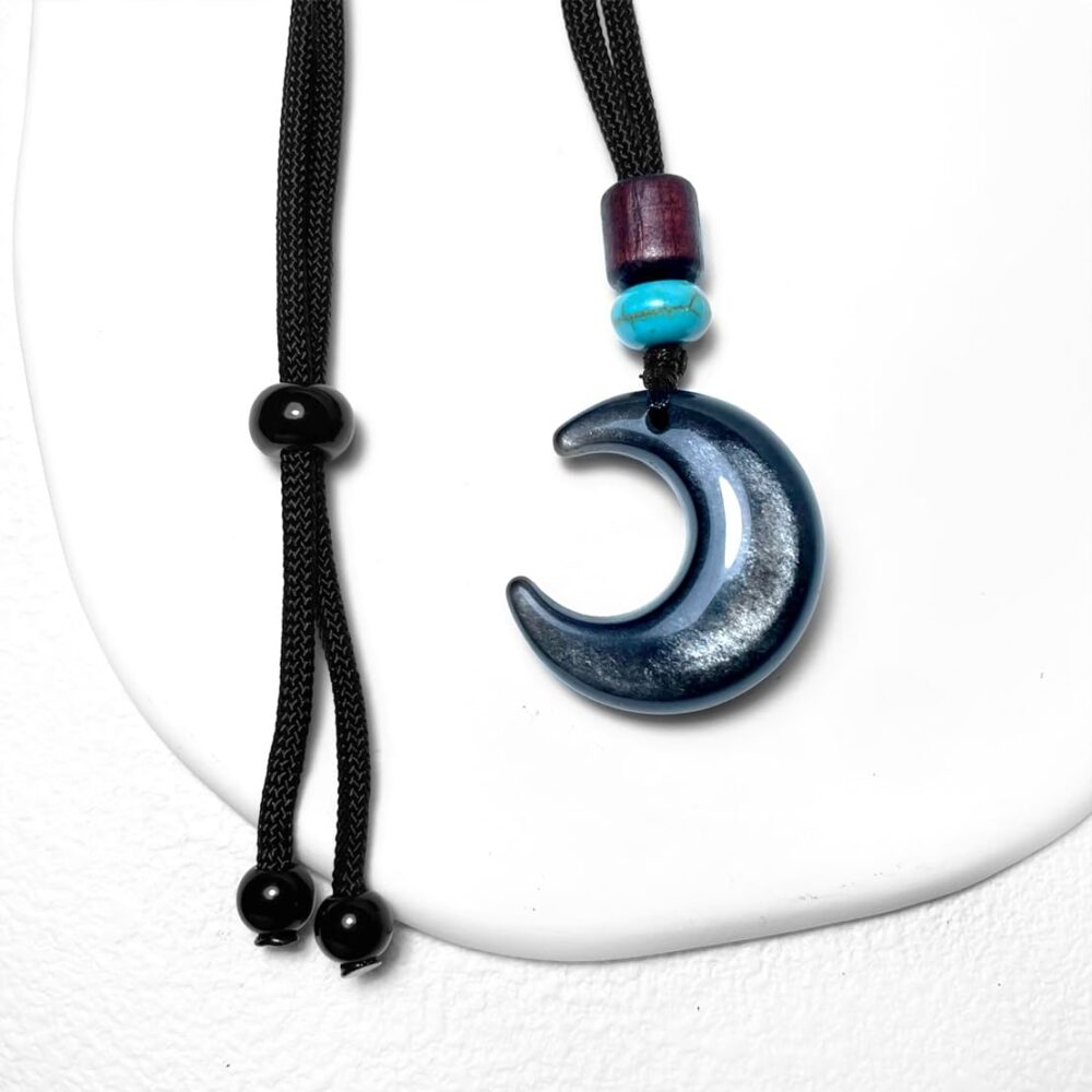 Unisex Crescent Moon Natural Black Obsidian Stone Pendant Necklace,Adjustable Rope Real Genuine Healing Crystal Quartz Gemstone Bohemian Statement Necklace Jewelry for Women Men (Obsidian_D1) - Image 2