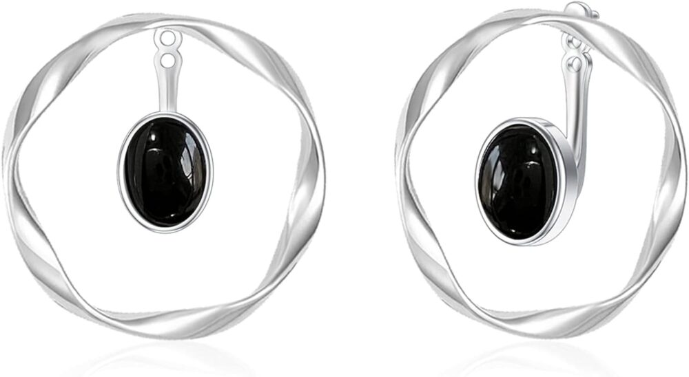 DOLIOX Black Onyx Ear Jacket Earrings for Women 925 Sterling Silver Circle Stud Earrings Minimalist Simple Jewelry Gift for Her