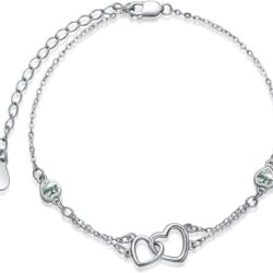 Dorunmo Anklet/Bracelet for Women 925 Sterling Silver Birthstone Jewelry Cubic Zirconia Double Heart Chain Gifts for Mom Wife Friend Bride Valentine's Day Christmas Birthday Mother's Day Gift