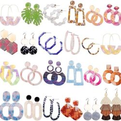 Duufin 24 Pairs Acrylic Earrings Resin Drop Dangle Earring Hoop Statement Earrings Polygonal Bohemian Fashion Jewelry Earrings for Women - Image 42