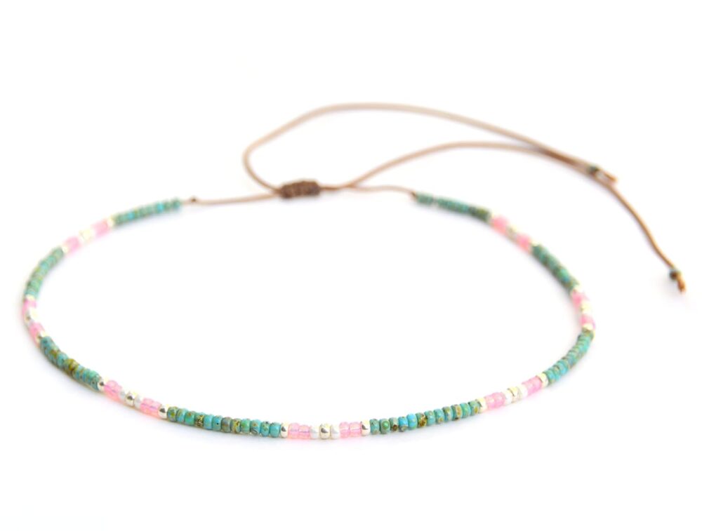 Beaded Choker Necklace for Women and Teen Girls, Adjustable Thin Turquoise and Pink Colorful Dainty Seed Beads Necklace, Handmade Boho Bohemian Hippie Jewelry by Tribes (Turquoise-pink) - Image 3