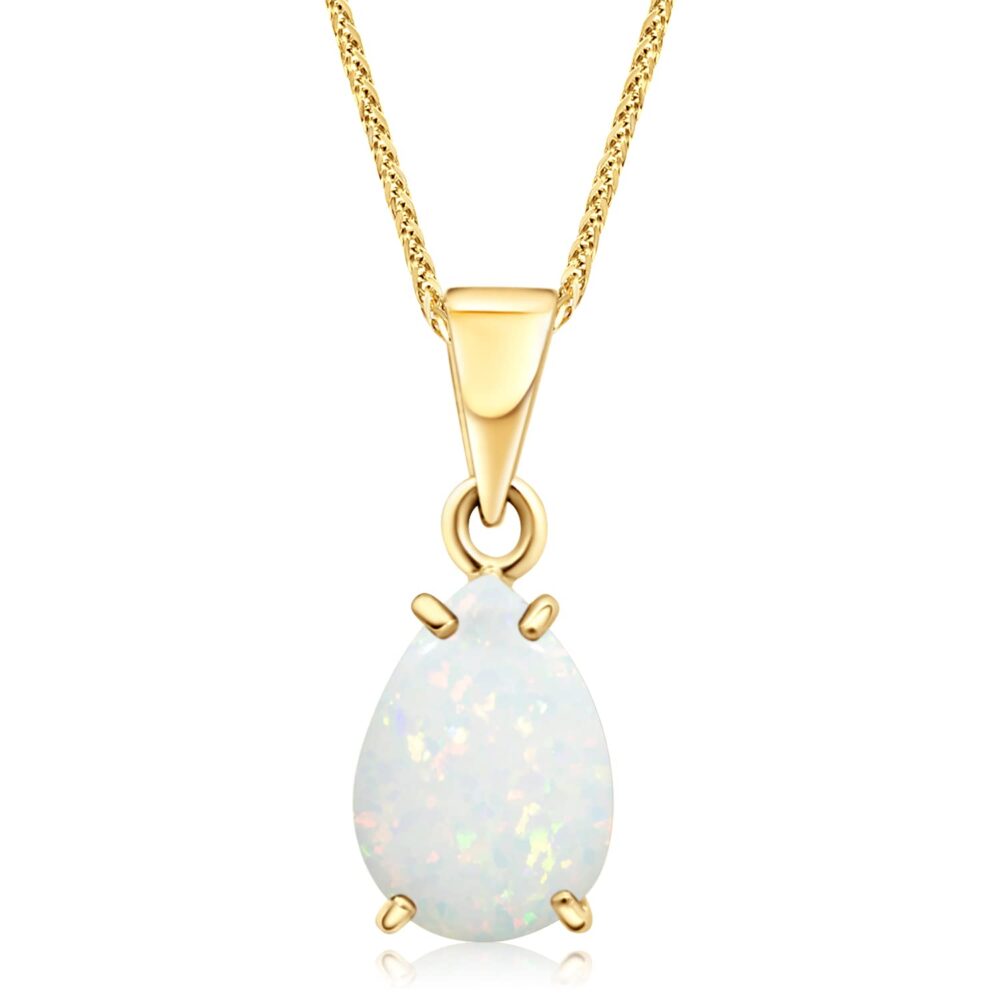 14K Gold White Opal Necklace - Dainty Pear-Shape Teardrop Pendant, 7x10mm 14K Solid Yellow Gold Necklace, October Birthstone Opal Gemstone - Handmade Bridal Wedding Jewelry for Brides and Classy Women