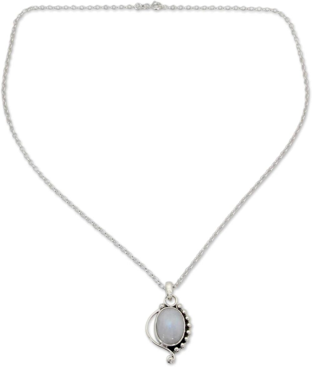 Handmade Rainbow Moonstone Pendant Necklace, Sterling Silver, Clear Indian Paisley - Image 2