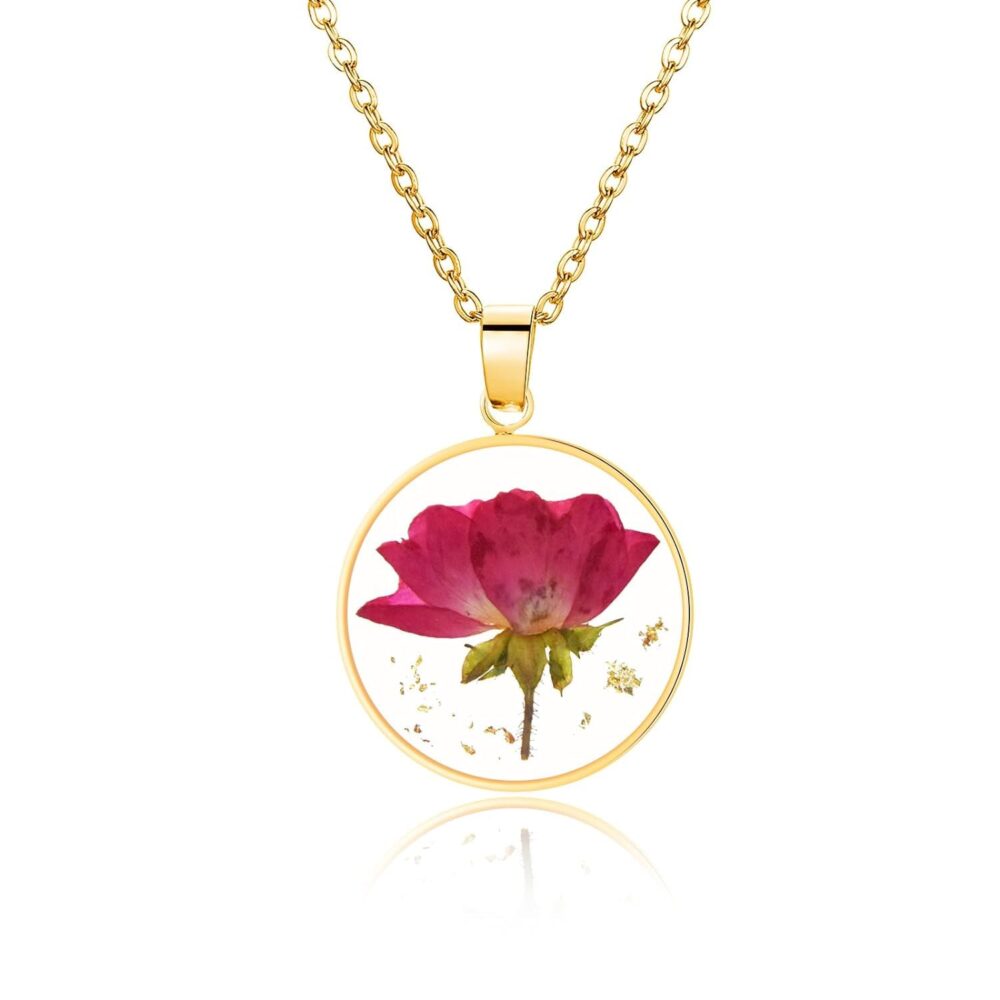 Rose Pressed Flower Necklace, Personalized Gold Handmade Necklace, June Birth Flower Necklace for Women, Unique Resin Flower Necklace, Valentine’s Day Gift