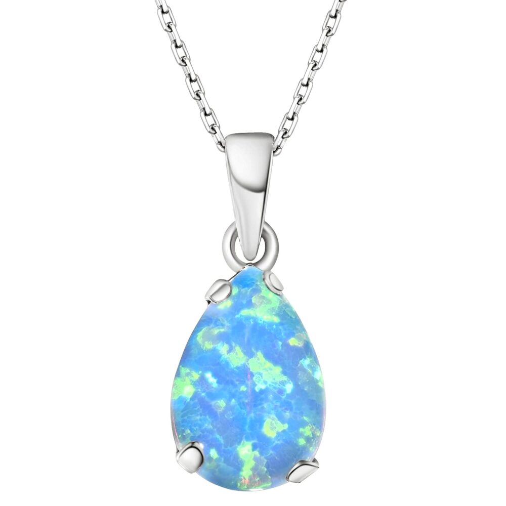 925 Sterling Silver Blue Opal Necklace - Dainty Teardrop Pendant, 7x10mm October Birthstone Opal Gemstone - Handmade Bridal Wedding Jewelry for Brides and Classy Women