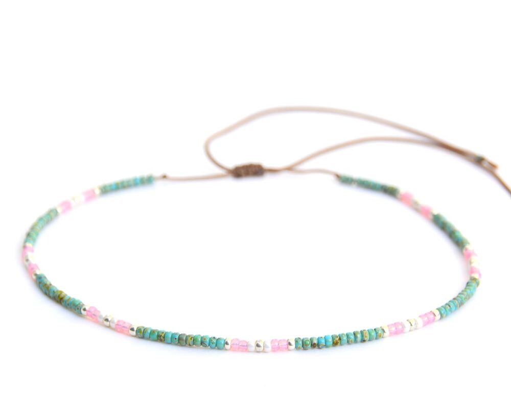 Beaded Choker Necklace for Women and Teen Girls, Adjustable Thin Turquoise and Pink Colorful Dainty Seed Beads Necklace, Handmade Boho Bohemian Hippie Jewelry by Tribes (Turquoise-pink) - Image 5