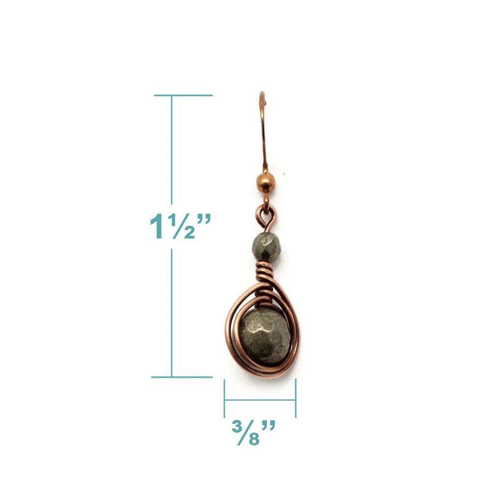 Handcrafted Copper Earrings with Pyrite Gemstone - Antiqued, 1" Drop - Image 2