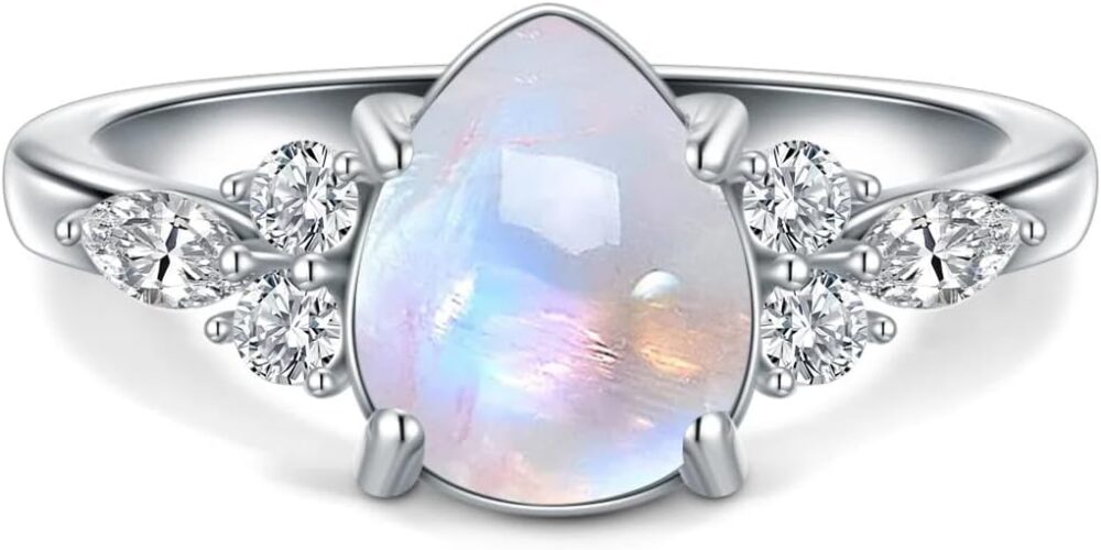 LELOUCHY Authentic Moonstone Ring Real 925 Sterling Silver Rainbow Moonstone Rings for Women Genuine Moonstone Jewelry