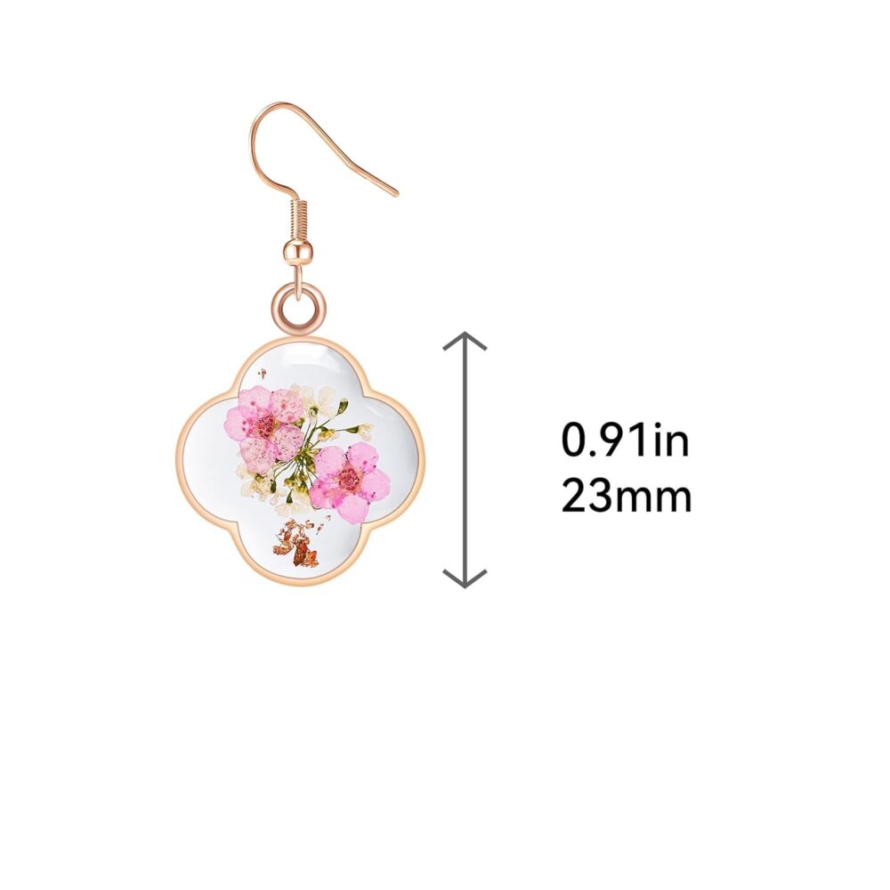 Jayden Four Leaf Clover Earrings for Women - Daffodil and Queen Anne's Lace Pressed Flower Earrings,Handmade Boho Jewelry,Lucky Clover Pendant,Uniquely Suitable For Gifting | Rose Gold - Image 4