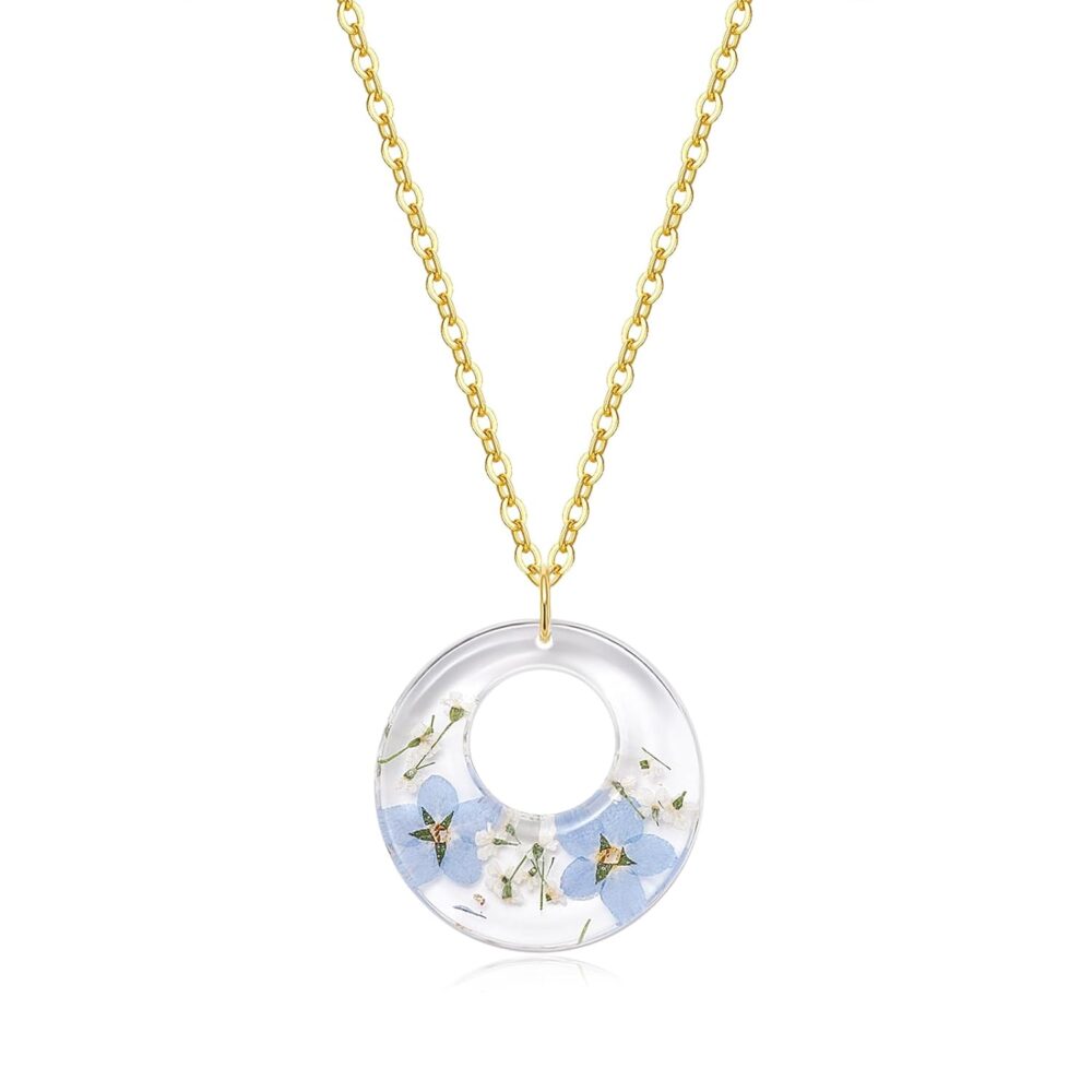 Forget-Me-Not Necklace For Women KBFORU Handmade Pressed Forget-Me-Not And Queen Anne'S Lace Wildflower Necklaces-Gold Chain | 18''