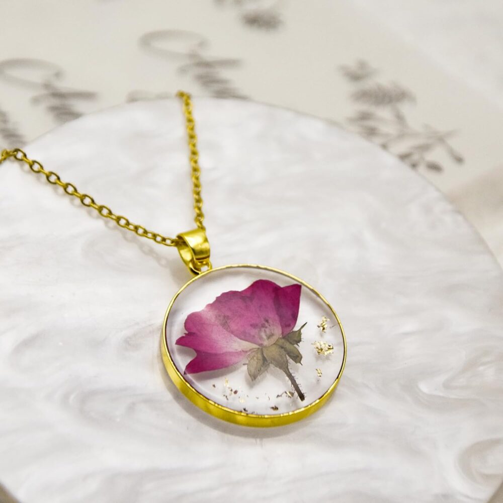 Rose Pressed Flower Necklace, Personalized Gold Handmade Necklace, June Birth Flower Necklace for Women, Unique Resin Flower Necklace, Valentine’s Day Gift - Image 2