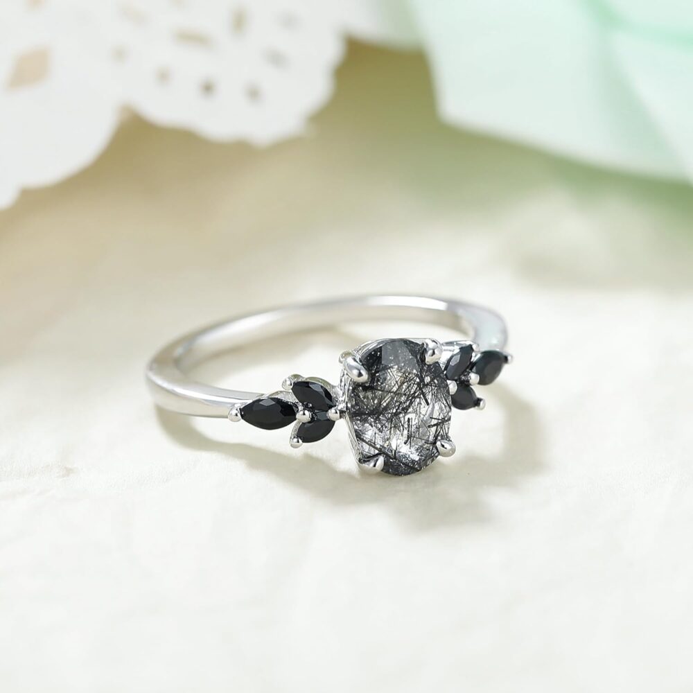 Natural Black Rutilated Quartz Engagement Ring 1.5CT Oval 6x8mm Women's Rings Minimalist Rings Wedding Rings Platinum Plated 925 Sterling Silver Women's Promise Ring. - Image 3