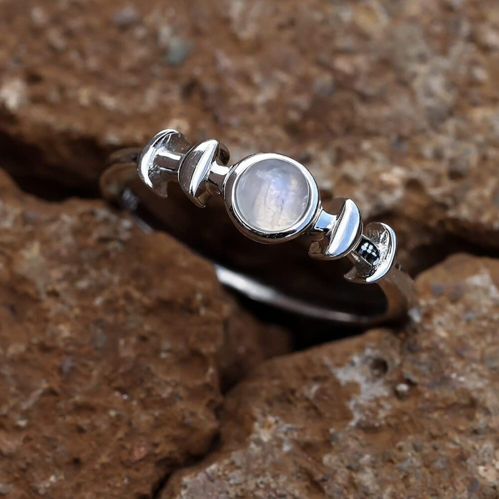 Angol Genuine Moonstone Ring Sterling Silver Moon Phase Ring Triple Goddess Moonstone Statement Band Finger Minimalist Ring for Women Girls with Gift Box - Image 3