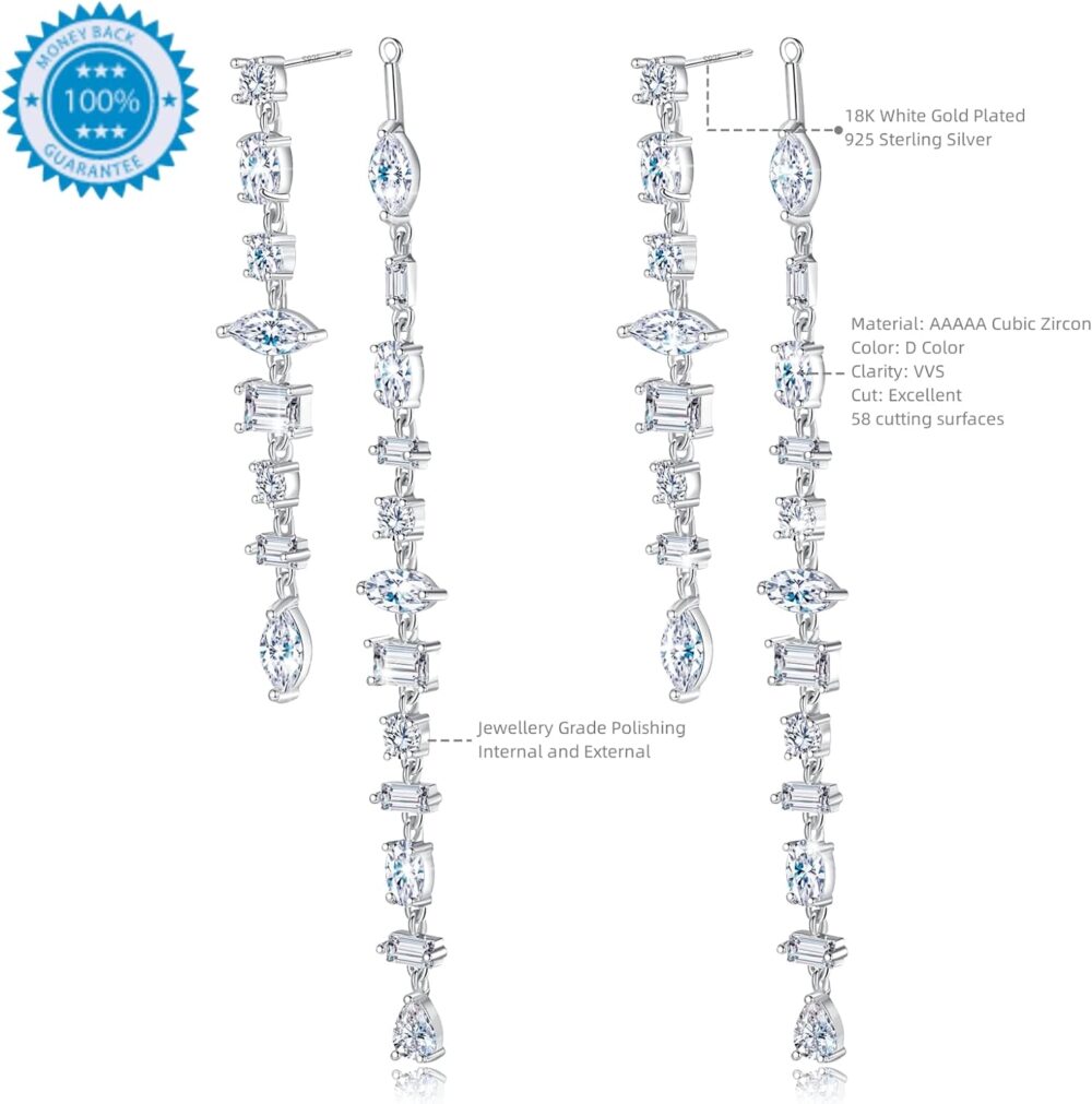 Frwiskp Wedding Earrings for Brides, Silver Earrings for Women, 18K White Gold Plated Sterling Silver Post Cubic Zirconia Dangle Earrings, Clear Crystal Hypoallergenic Chandelier/Tassel Earrings - Image 2