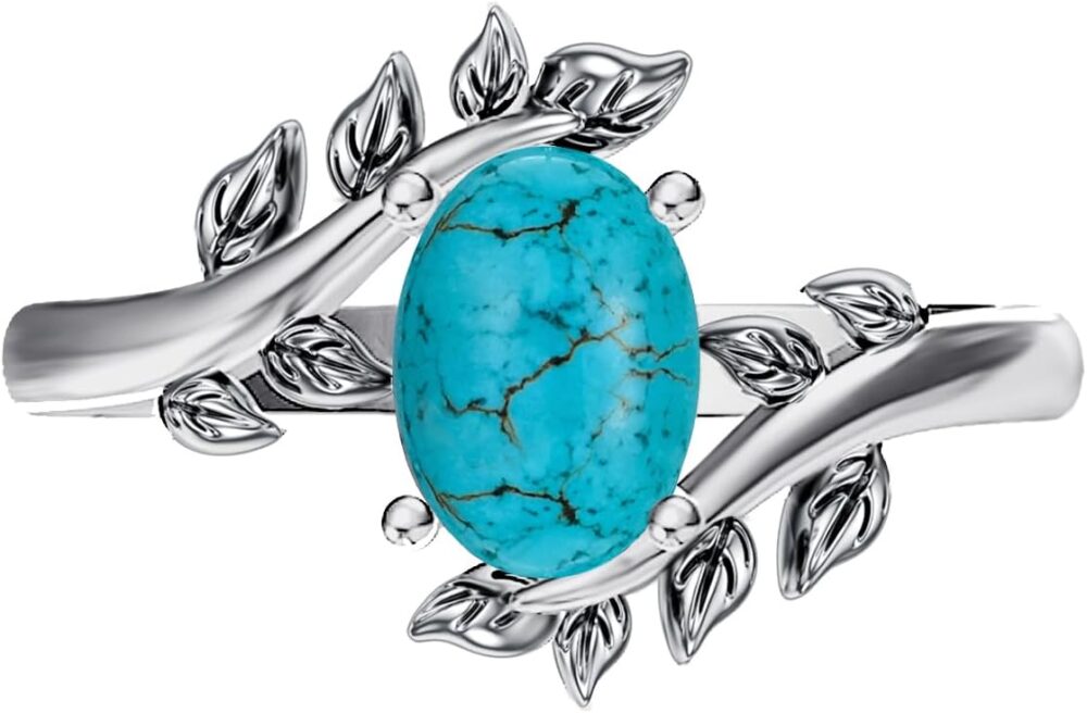 Genuine Turquoise Ring for Women Western Oval Gemstone Jewelry 925 Sterling Silver Leaf Bohemian Boho Gift for Her Wife Mom - Image 5