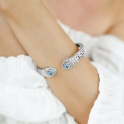 Sterling Silver 925 with Gemstones Bali Filigree Cuff Bracelet - Image 4