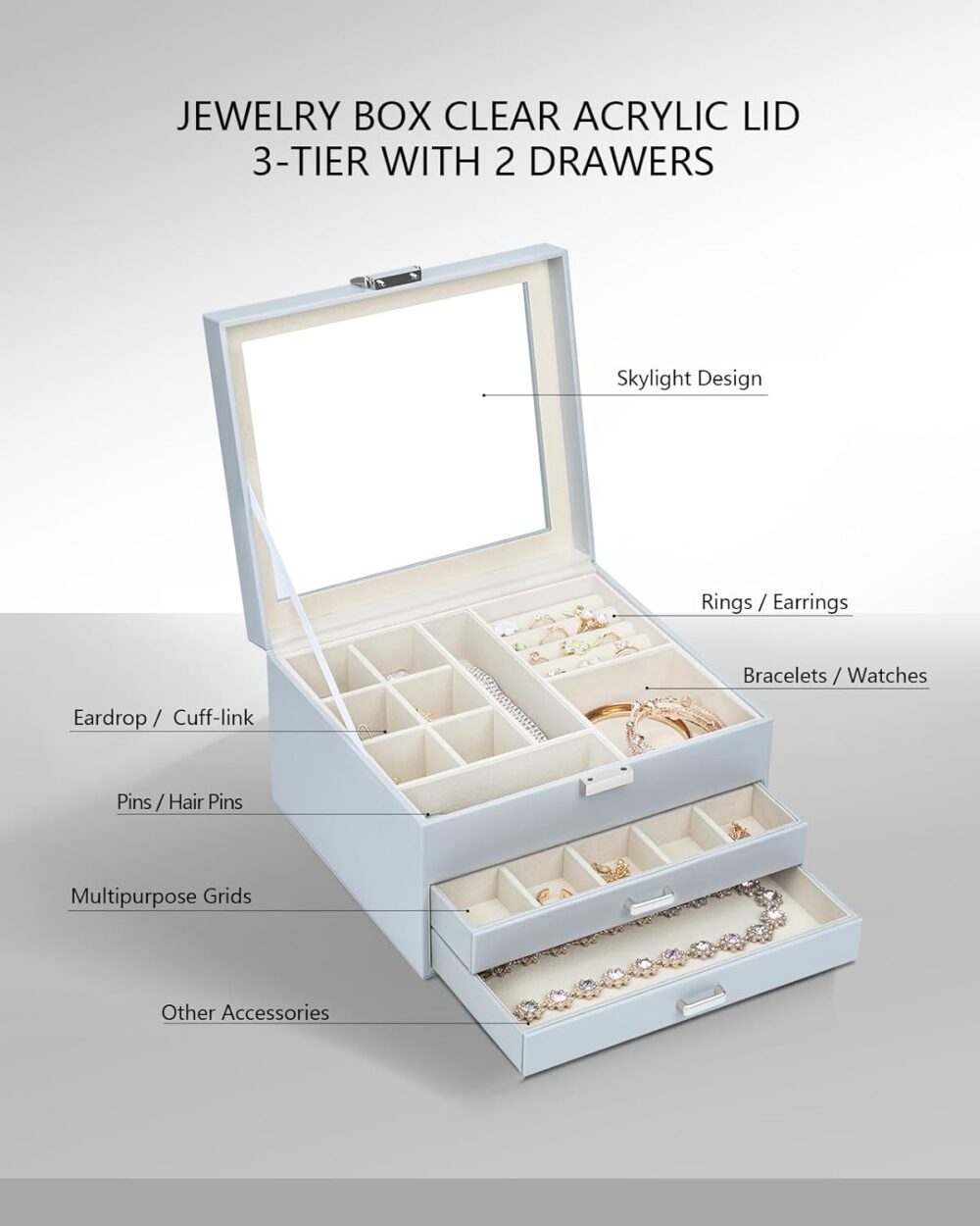 Jewelry Box with Clear Lid, 3-Layer Jewelry Organizer box with 2 Drawers,for Rings Earrings Necklace Bracelets jewelry boxes for Women Girls (Grey) - Image 3